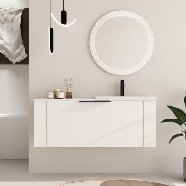 47.24 in. W x 18.11 in. D x 19.29 in. H Wall Mounted Bath Vanity in White with White Resin Vanity Top