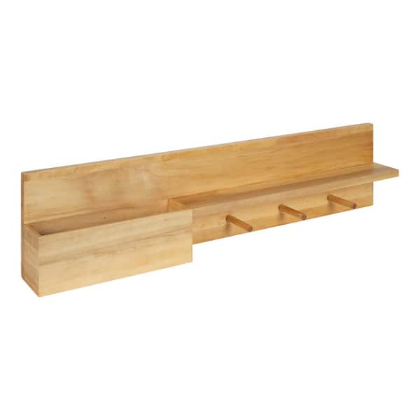Kate and Laurel Astora 36 in. x 4 in. x 9 in. Natural Wood Floating Decorative Wall Shelf With Hooks Without Brackets