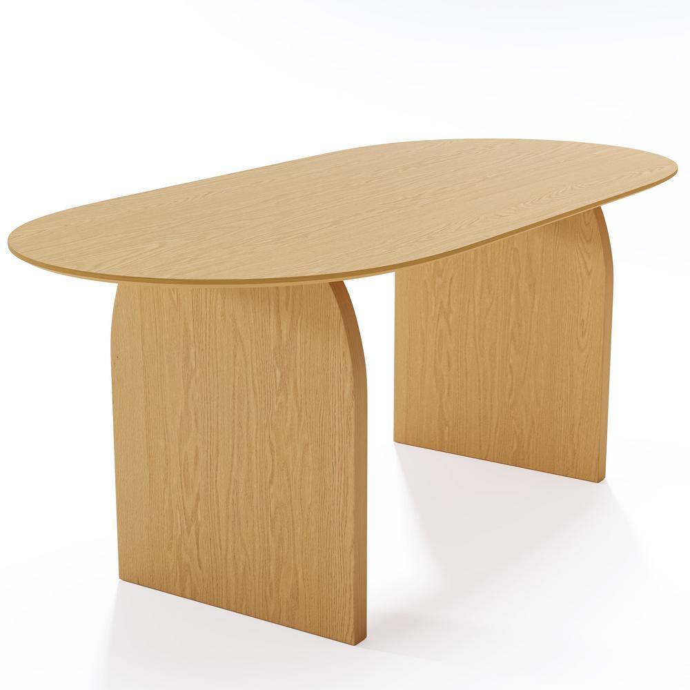 Flora Modern Oval Natural Wood Color Oak Wood Top 67 in. Double Pedestal Base Dining Table Seats 6