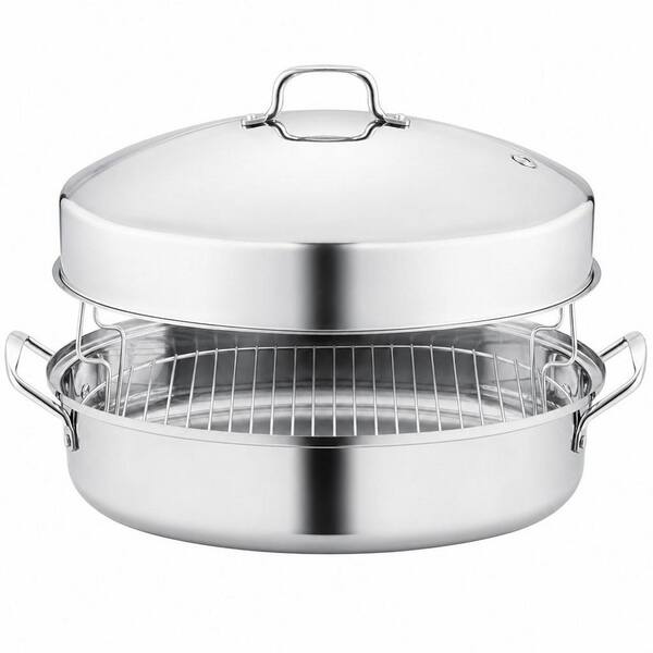 25 qt. Large Stainless Steel Non-Stick Roasting Pan with Rack and Lid for Turkey, Chicken, Dishwasher-Safe