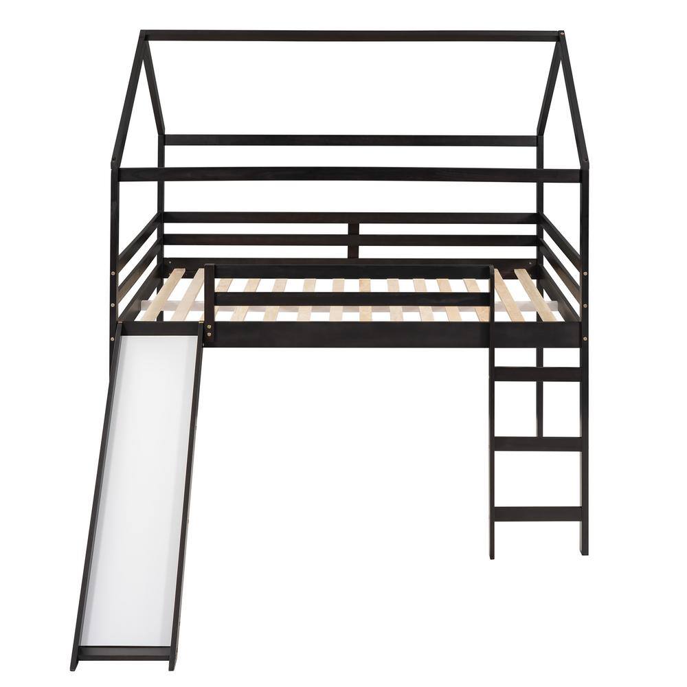 URTR Full Size Brown Wooden Loft Beds with Slide and Ladder, House Loft