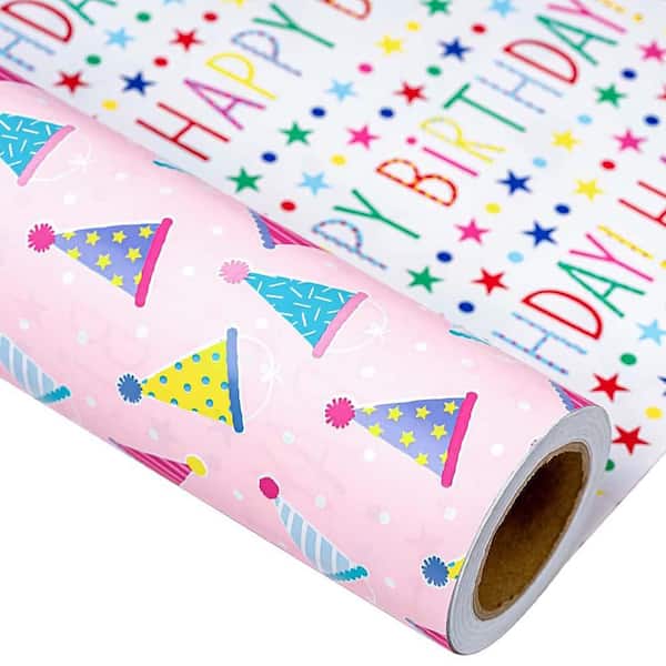 N/A Reversible Pink Birthday Gift Wrapping Paper Roll 17.3 in. X 32.8 ft. Luxurious Design for Girls and Kids