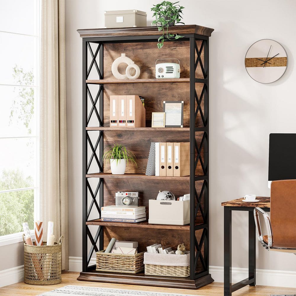 BYBLIGHT Eulas 70.9 in. Tall Brown Wood 5-Shelf Etagere Bookcase with ...