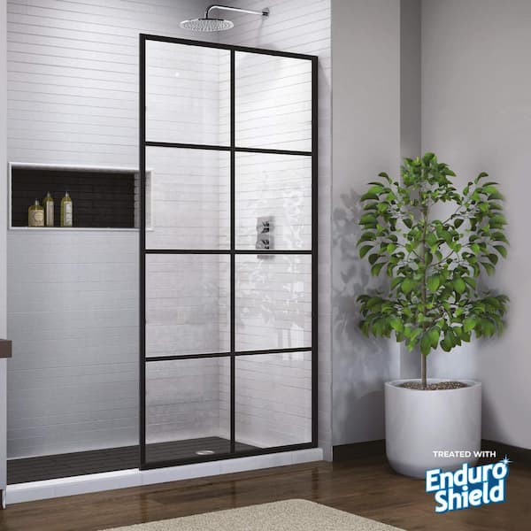 Fab Glass and Mirror Madeira 36 in. x 76 in. Fixed Grid Pattern Shower Screen with EnduroShield 3/8 in. Thick Clear Tempered Glass