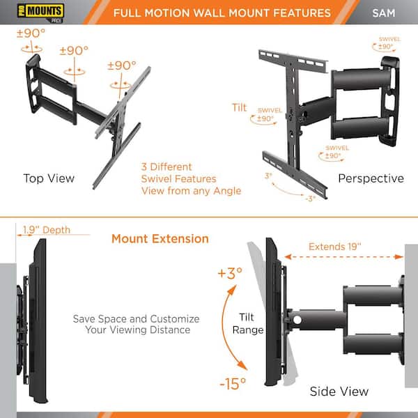 ProMounts Flexible Swivel Arm Medium Articulating Universal TV Wall Mount  for 30-65 in. TV's VESA 200 x 200 400 x 400 SAM - The Home Depot