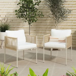 Beige 2-Piece Metal Patio Conversation Sectional Seating Set, Lounge Chair with CushionGuard White Cushion