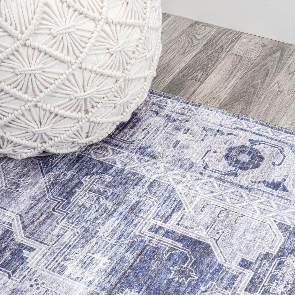 Alanya Ornate Navy and Ivory Square Chenille Area Rug