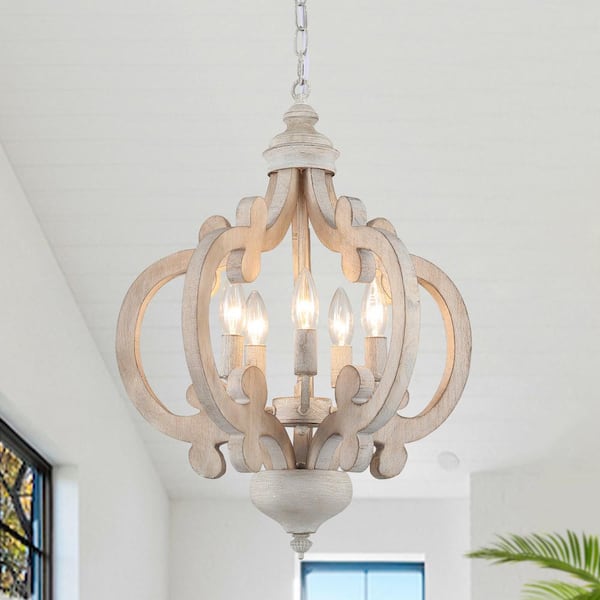 5-Light Antique Gray Candle Style Rustic Wooden Hanging Linear Chandelier Lighting for Dining Room