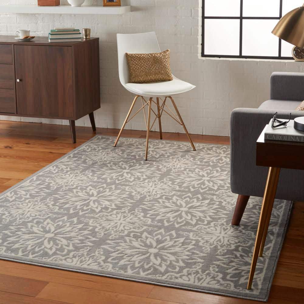 Ivory and Grey Floral Synthetic 5' x 7' Area Rug
