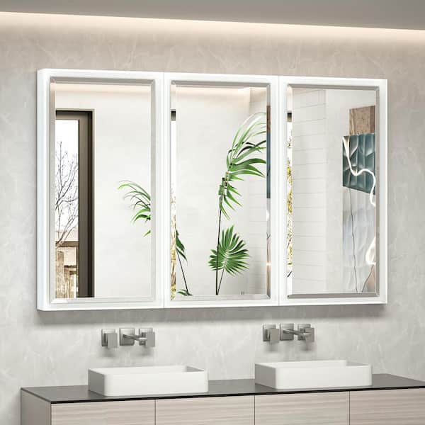 KeonJinn 48 in. W x 30 in. H Rectangular White Metal Framed Beveled Surface Mount/Recessed Medicine Cabinet with Mirror