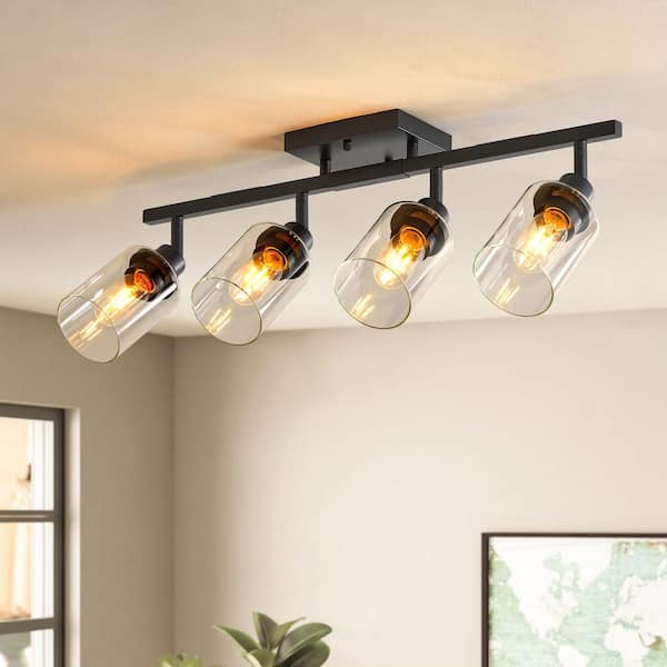 4-Light 2 ft. Hard Wired Black Dimmable Adjustable Track Lighting with Clear Glass Cylinder Shades for Kitchen Bedroom