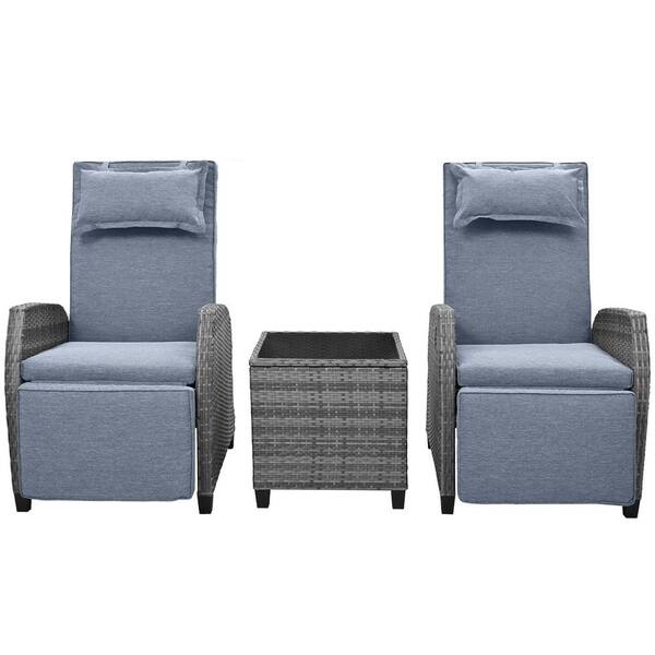 Angel Sar 3-Piece Wicker Patio Conversation Set Adjustable Chair Combination with Coffee Table and Gray Cushions