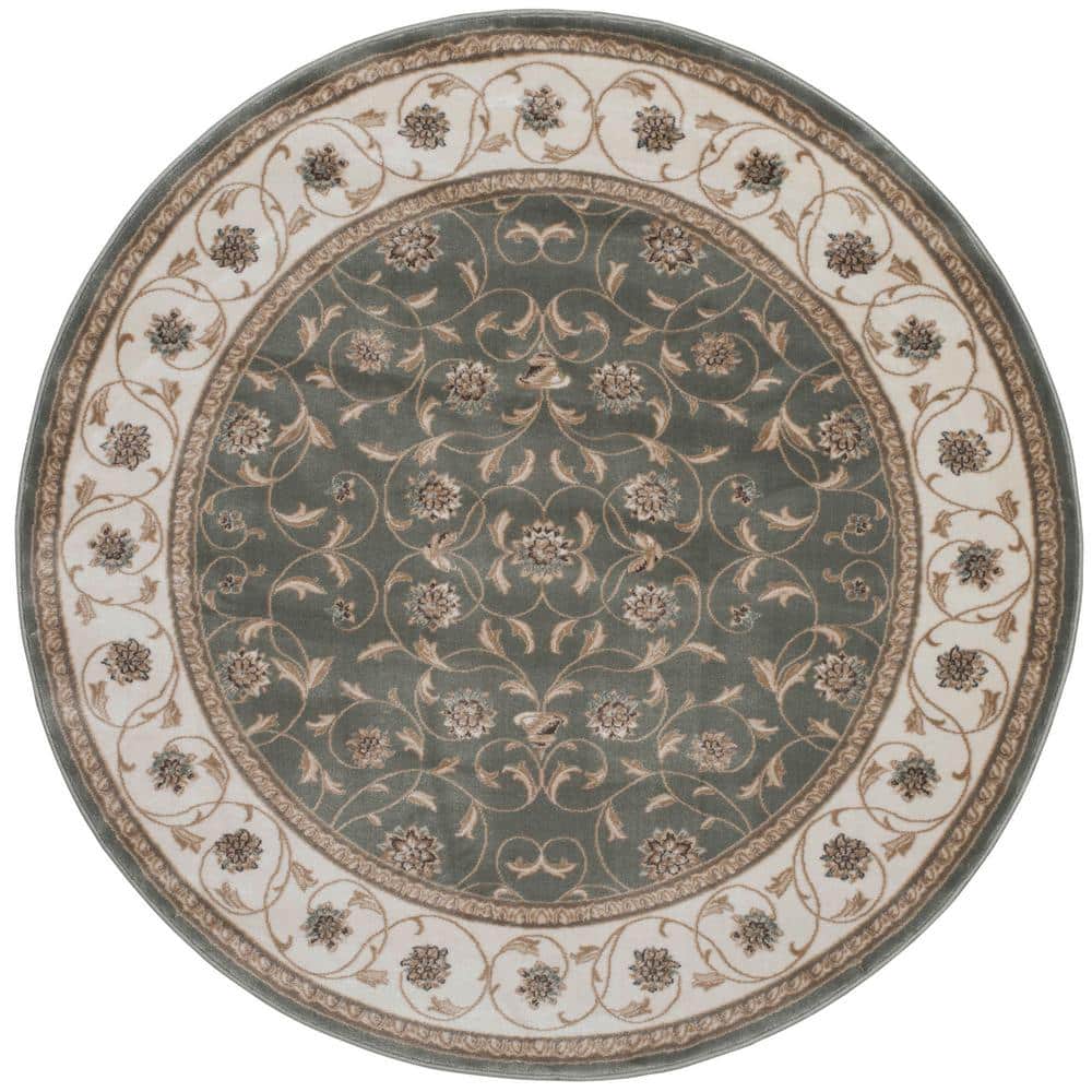 Pisa Light Green 5 ft. Round Traditional Oriental Floral Scroll Area Rug