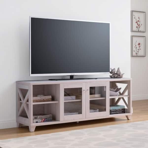 Oak White TV Stand Cabinet Fits TVs Up to 60 in. with Glass Doors