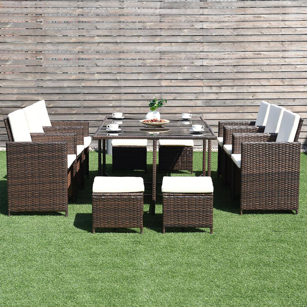 Mix Brown 10-Piece Outdoor Patio Dining Set with Cushioned Ottomans and Armchairs