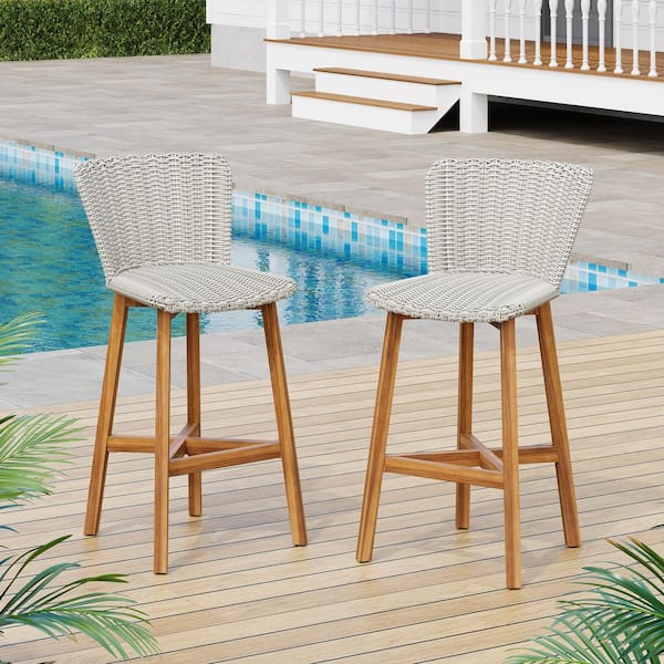 Wood Outdoor Dining Chair in Light Grey and Teak (Set of 2)