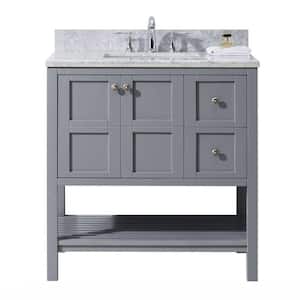 Winterfell 36 in. W Bath Vanity in Gray with Marble Vanity Top in White with Square Basin