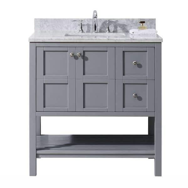 Virtu USA Winterfell 36 in. W Bath Vanity in Gray with Marble Vanity Top in White with Square Basin