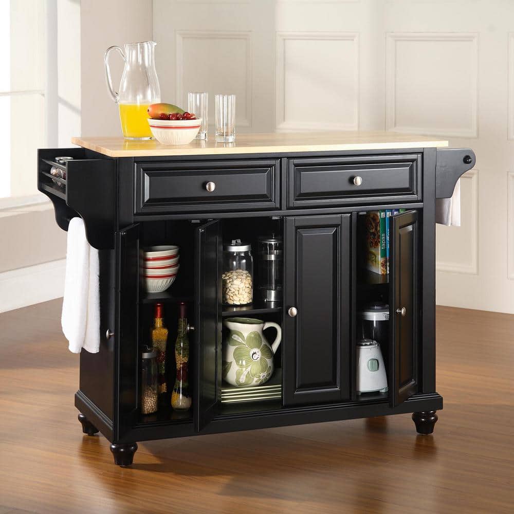 Cambridge 46" Black Kitchen Island with Natural Wood Top and Storage
