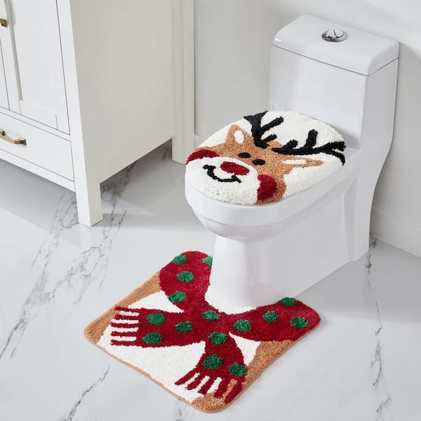 Reindeer Multi-Colored Tufted Square 2 Piece Rug Set : Contour  and Toilet Seat Cover