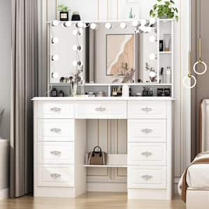 White Makeup Vanity Table Dressing Desk with 3-Mirrors, Lighted Mirror, Drawers, Hidden Storage Shelves Crystal Handles