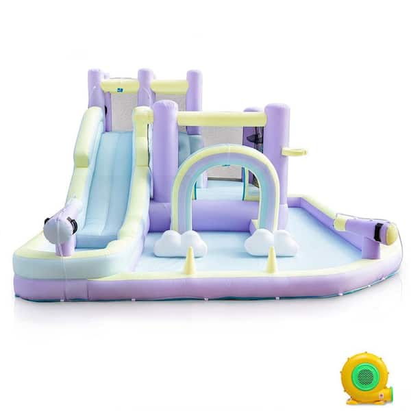 Oxford Cloth Rainbow Inflatable Water Bounce Castle Bounce House in Pink and Purple with Slide and Climbing Wall