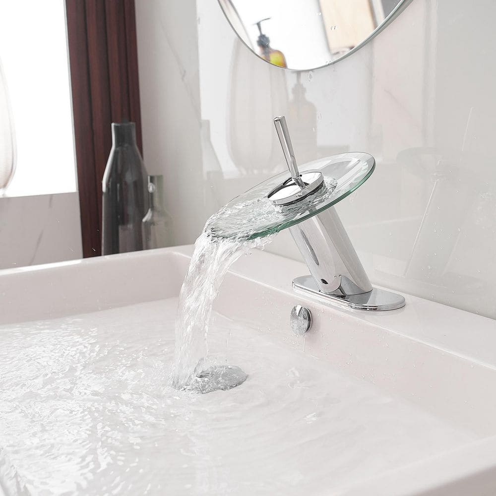 Polished Chrome Single Handle Waterfall Bathroom Faucet with Glass Spout