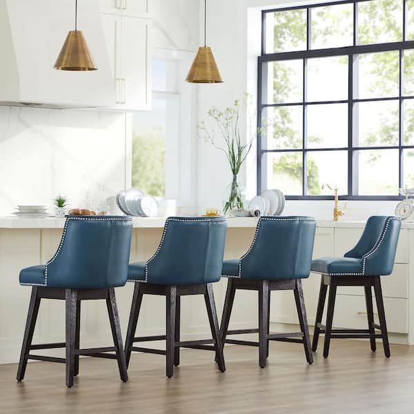 Martin 26 in. Blue High Back Solid Wood Frame Swivel Counter Height Bar Stool with Faux Leather Seat(Set of 2)