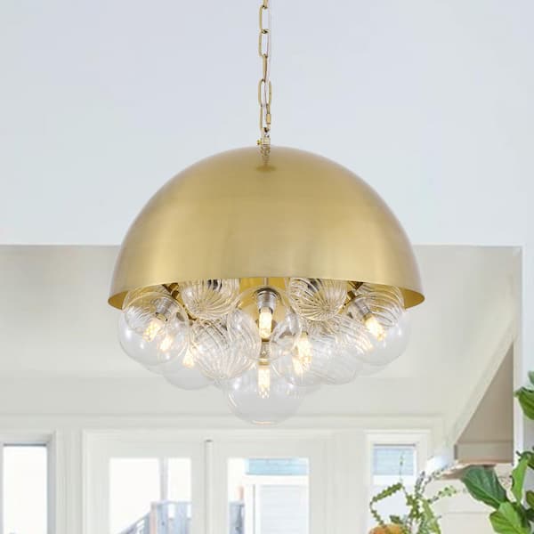 HUOKU Neuvy 10-Light 17.7 in. W Brass Chandelier Dome Pendant Light with Ribbed Twist Glass and Clear Glass for Living Room