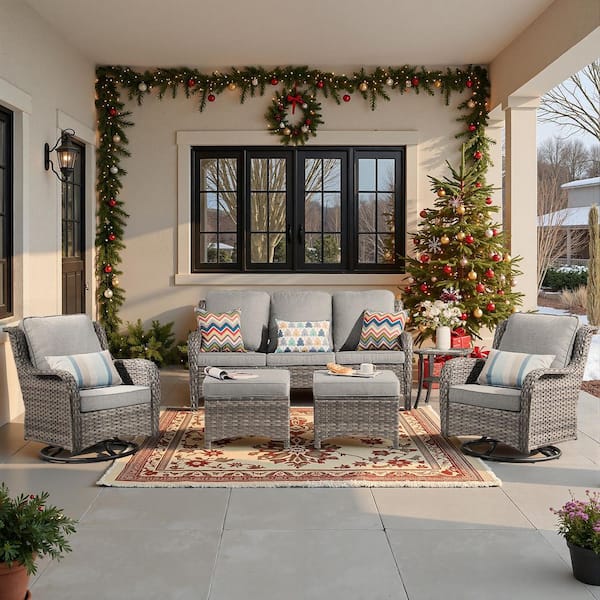 XIZZI Moonlight Gray 6-Piece Wicker Patio Conversation Seating Sofa Set with Gray Cushions and Swivel Rocking Chairs