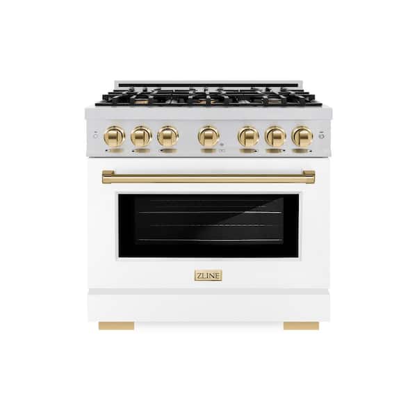 ZLINE Kitchen and Bath Select 36 in. 6-Burner Gas Range with Gas Convection Oven in Stainless Steel, Matte White, and Polished Gold