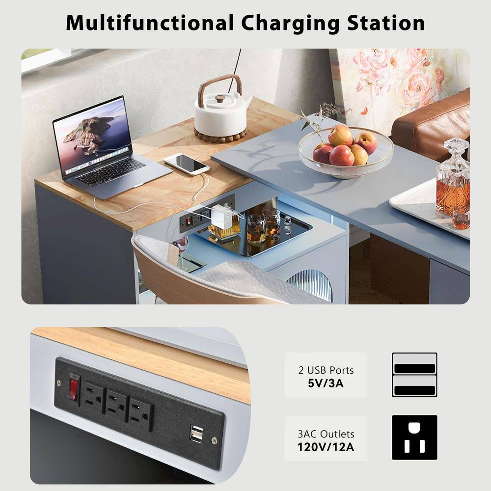 Grey Blue Rubber Wood MDF Kitchen Cart with Extended Table and Electrical Outlets - thumbnail 5