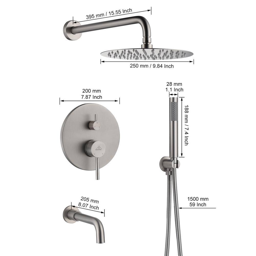 Brushed Nickel 10'' Wall Mount Rain Shower System with Handheld