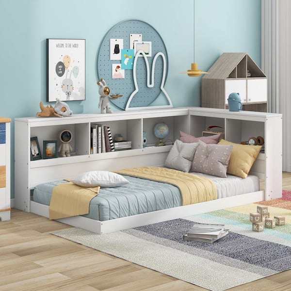 Harper & Bright Designs White Twin Size Wood Daybed with 5 Open Cabinets, Charging Station, USB Ports