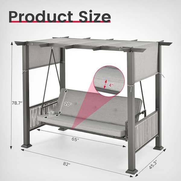 PamaPic 3-Person Gray Metal Patio Swing with Cushion QQY-PTJH-WH3