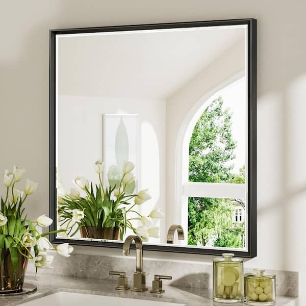 36 in. W x 36 in. H Aluminum Beveled Edge Rectangular Framed Bathroom Vanity Wall Mount Mirror in Brushed Black
