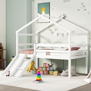 White Wood Frame Twin Size House Low Loft Bed with Slide, Sloping Ladder, Safety Guardrails