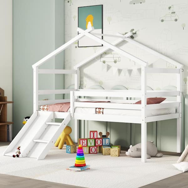 Harper & Bright Designs White Wood Frame Twin Size House Low Loft Bed ...