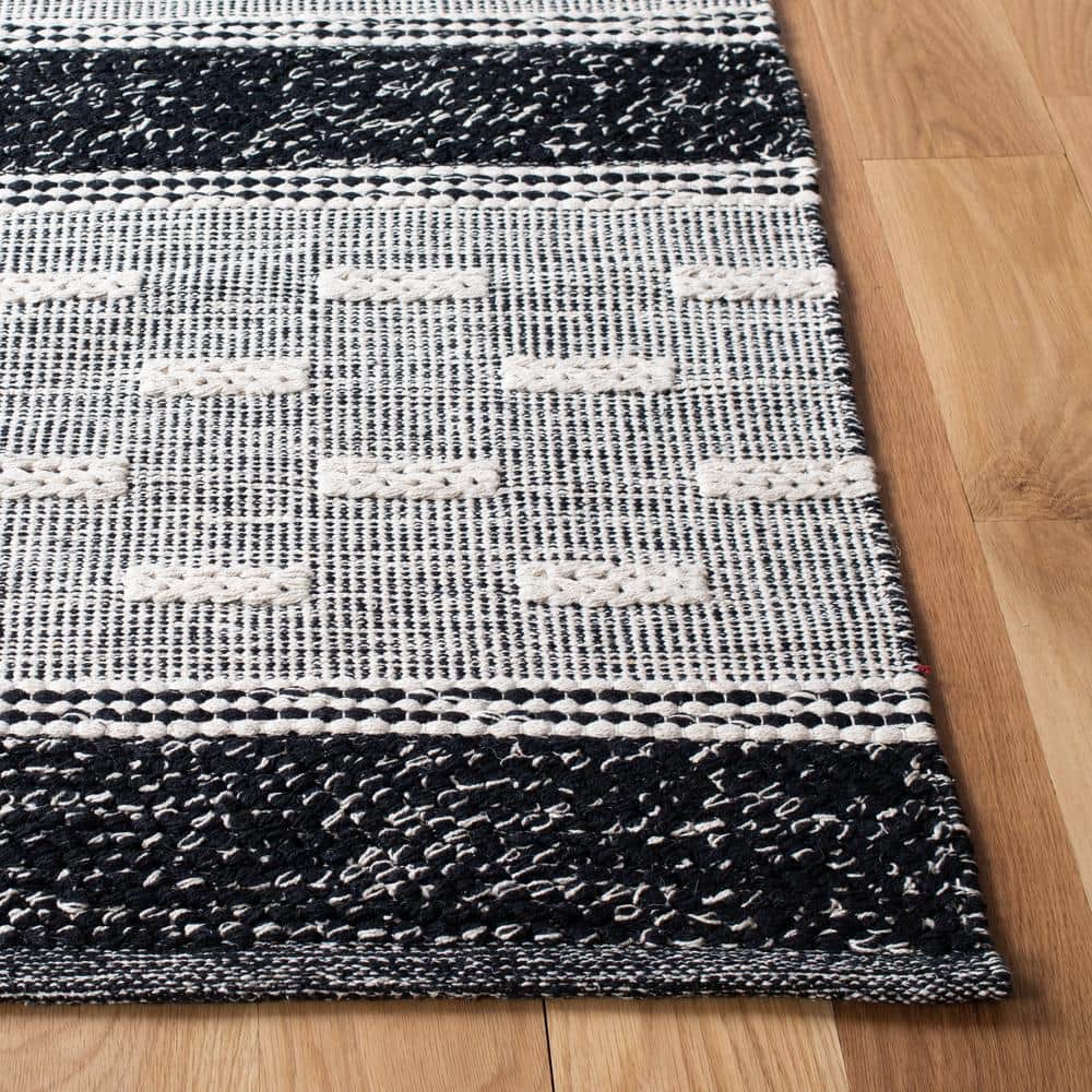 Black and Ivory Striped Wool Cotton 9' x 12' Rug