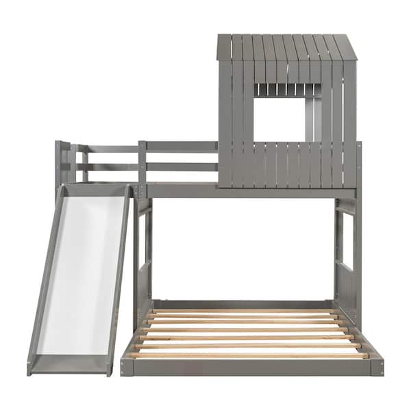 wetiny Gray Twin Over Full Loft Bed with Playhouse, Farmhouse, Ladder, Slide and Guardrails