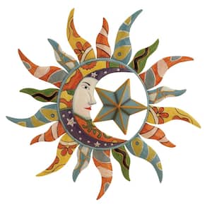25 in. x 25 in. Metal Multi Colored Indoor Outdoor Sun and Moon Wall Decor with Abstract Patterns