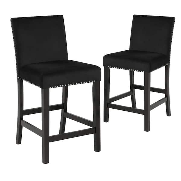 Benjara 34.25 in. Black Low Back Wood Frame Counter Height Stool Chair with Fabric Seat (Set of 2)