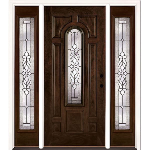 Feather River Doors 63.5 in. x 81.625 in. Lakewood Patina Stained Chestnut Mahogany Left-Hand Fiberglass Prehung Front Door with Sidelites