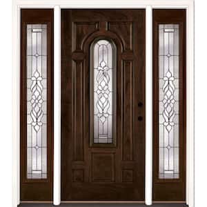 67.5 in. x 81.625 in. Lakewood Patina Stained Chestnut Mahogany Left-Hand Fiberglass Prehung Front Door with Sidelites