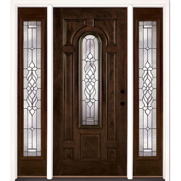 63.5 in. x 81.625 in. Lakewood Patina Stained Chestnut Mahogany Left-Hand Fiberglass Prehung Front Door with Sidelites