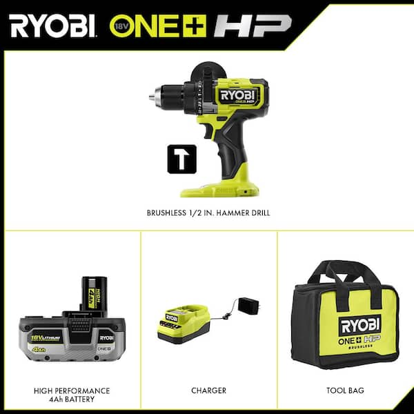 ONE+ HP 18V Brushless Cordless 1/2 in. Hammer Drill Kit with (1) 4.0 Ah High Performance Battery, Charger, and Tool Bag