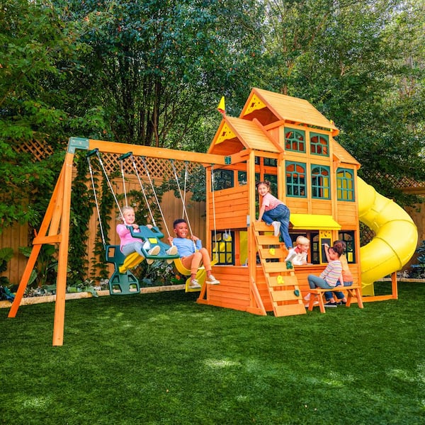 DIY Atlas Point Wooden Outdoor Playground Set with Slides, Rock Wall, Cafe, Play Kitchen, Swing Set, and Accessories