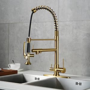 Double-Handles Pull Down Sprayer Kitchen Faucet with Drinking Water for 1 or 3 Hole in Solid Brass in Brushed Gold