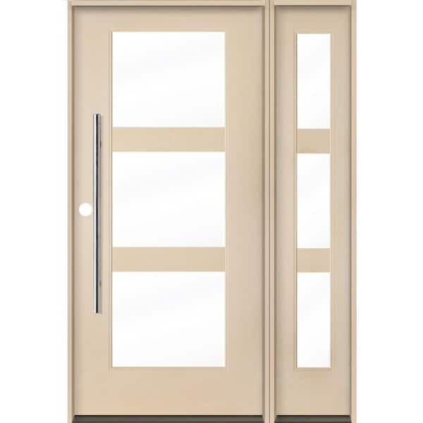 Krosswood Doors Modern Faux Pivot 50 in. x 80 in. 3-Lite Right-Hand/Inswing Clear Glass Unfinished Fiberglas Prehung Front Door with RSL