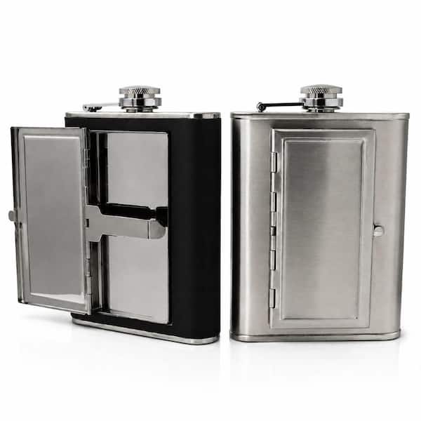 6 oz. Black Leather-Wrapped Stainless Steel Hip Flask with Built-In Cigarette Case and Funnel Set